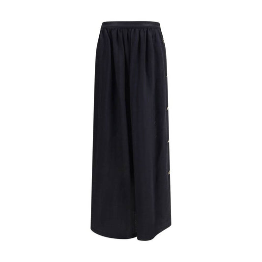 Kristina Ti Black Fleece Wool Long Skirt with golden button detail, elegant semi-wheeled design, perfect for AW25 fashion.