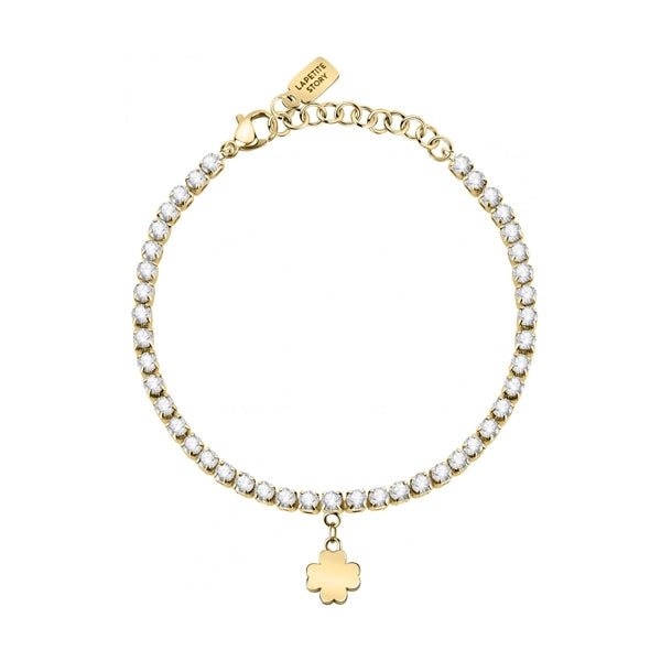 Gold bracelet with crystal accents, featuring a flower charm from LA PETITE STORY JEWELRY Mod. LPS05ARR71. Elegant and stylish design.