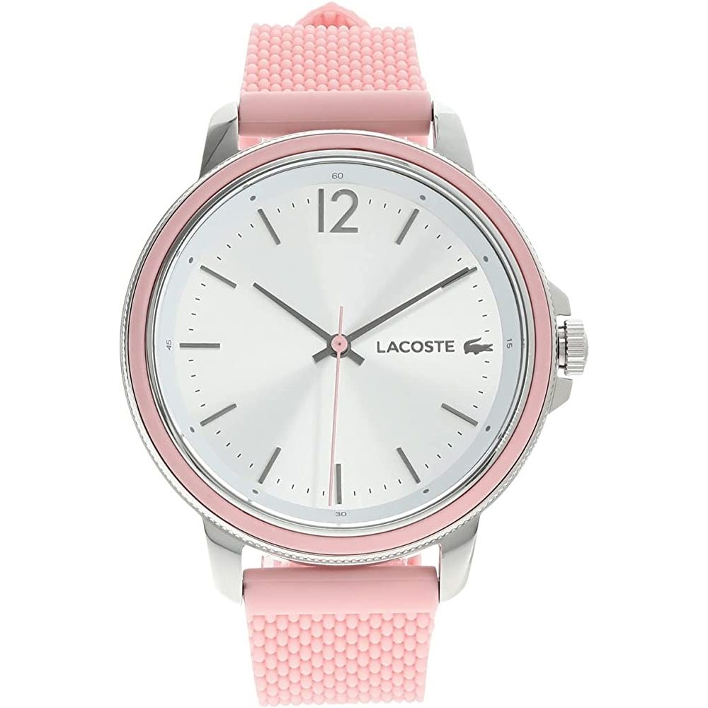 LACOSTE Mod. 2001201 Lady's quartz analog watch with pink bracelet, multifunctional mineral dial, and official box, water-resistant 5 ATM.