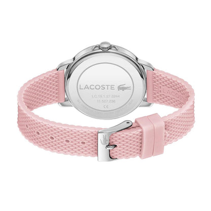 Back view of LACOSTE Mod. 2001201 ladies' watch with pink bracelet and stainless steel case, showcasing craftsmanship and design.