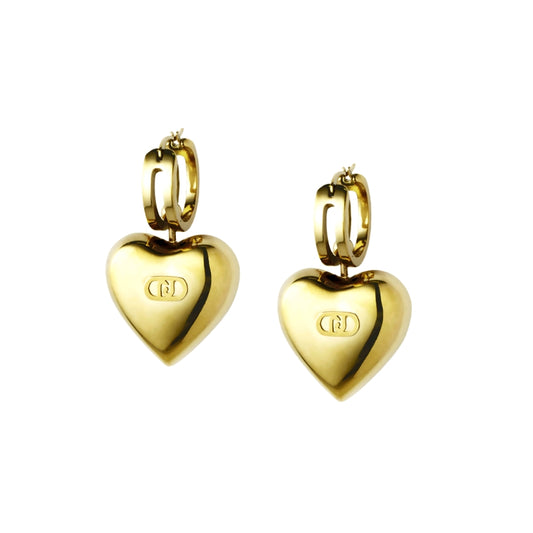 Gold heart-shaped earrings with logo on white background