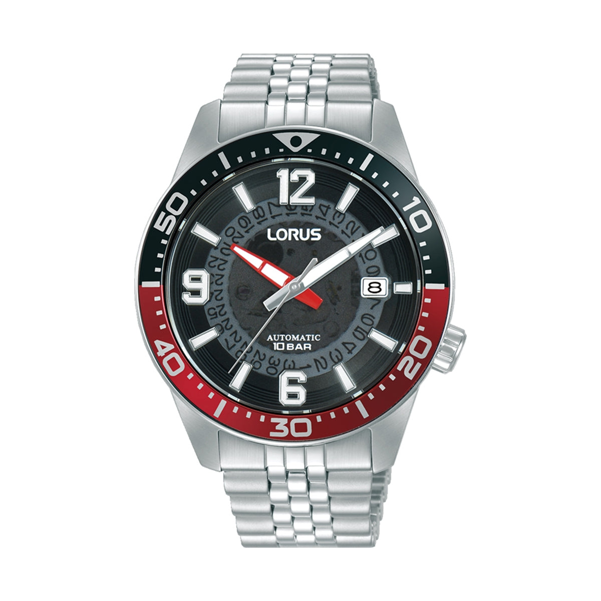 LORUS WATCHES Mod. RU413AX9 with silver band and black dial, featuring red accents and automatic movement.