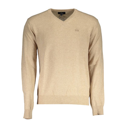 La Martina Beige Wool Men Sweater with V-neck and embroidered logo