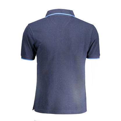 Back view of La Martina Blue Cotton Men Polo Shirt with short sleeves and signature embroidery.