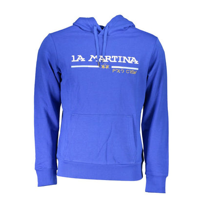 La Martina Blue Cotton Men Sweater with logo and embroidery, featuring a central pocket. Perfect choice for luxury casual fashion.