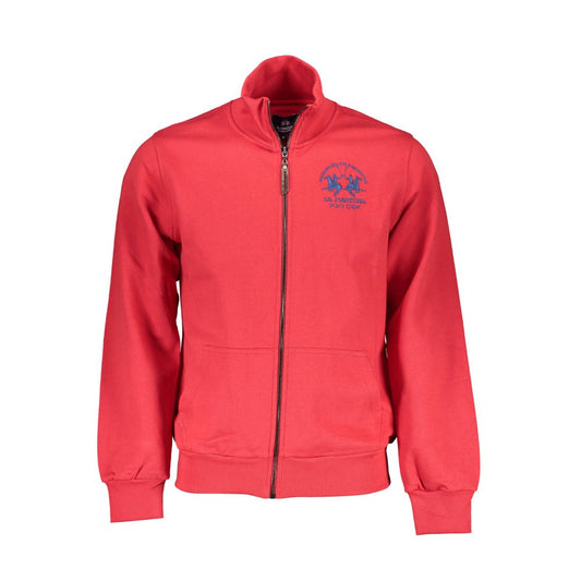 La Martina Red Cotton Men Sweater with zip-up design, featuring iconic embroidery and logo, perfect for a stylish and sophisticated look.