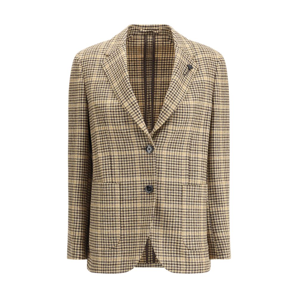 Lardini Beige Wool Blazer with houndstooth pattern, single-breasted closure, classic lapel, and iconic pin brooch, AW25 fashion.