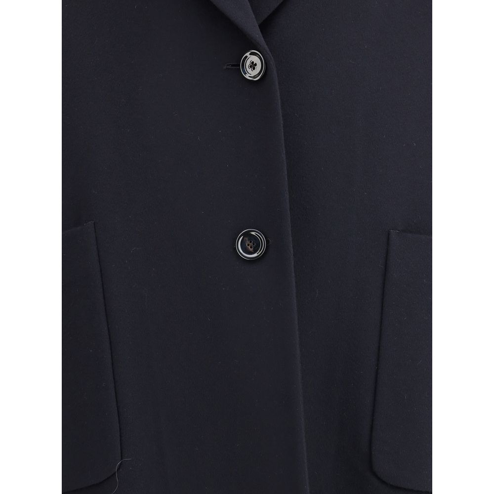 Close-up of Lardini Black Cashmere Coat with sleek design, wide lapel, front button closure, and patch pockets showcasing modern elegance.