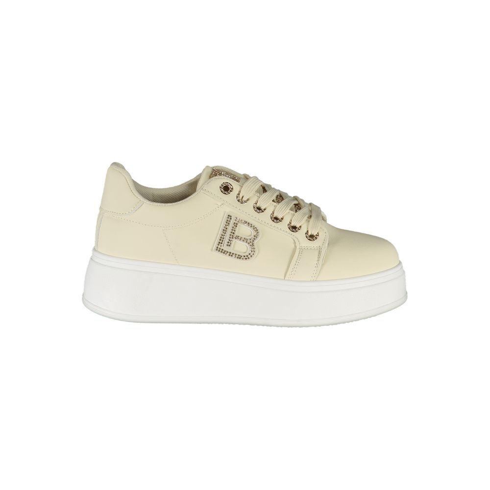 Laura Biagiotti Beige Polyester Women Sneaker with rhinestones and 4cm wedge, featuring chic design and iconic logo.