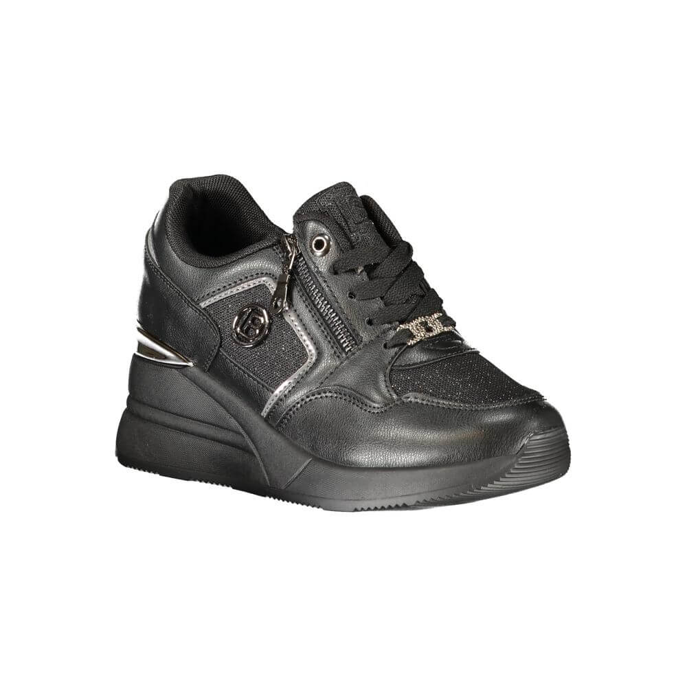 Laura Biagiotti Black Polyester Women Sneaker with side zip and 5 cm platform for fashion-forward comfort and Italian style.