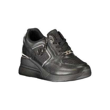 Laura Biagiotti Black Polyester Women Sneaker with side zip and 5 cm platform for fashion-forward comfort and Italian style.