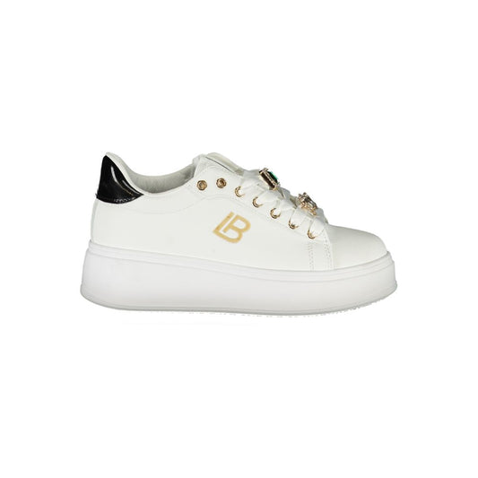 Laura Biagiotti White Synthetic Women Sneaker with rhinestone embellishments and 4 cm wedge for added comfort.