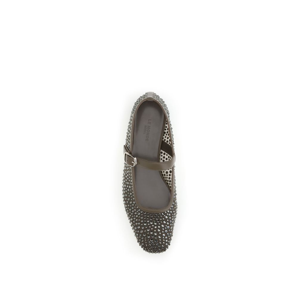Top view of Le Monde Béryl Gray Other Fibres Ballet Flats featuring metallic beads and adjustable strap for elegance and comfort.