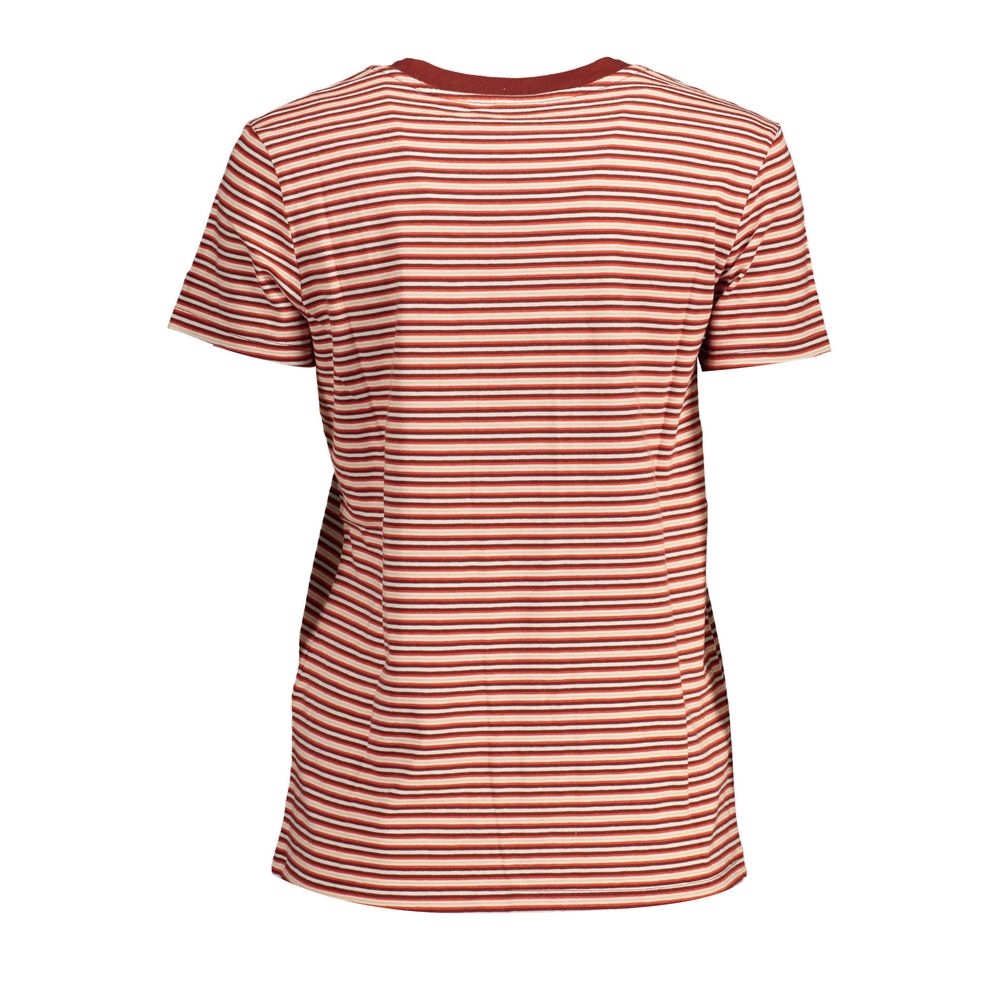 Back view of Levi's Red Cotton Women T-Shirt with stripes, showcasing a round neck and soft, high-quality fabric for a comfortable fit.