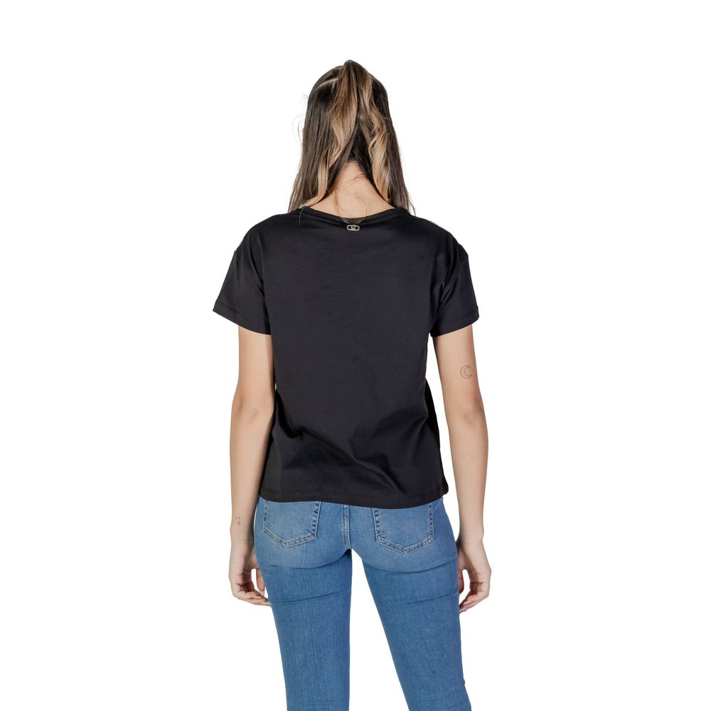 Rear view of woman wearing Liu Jo Black Cotton T-Shirt with contrasting stitching, showcasing the straight cut and regular fit.