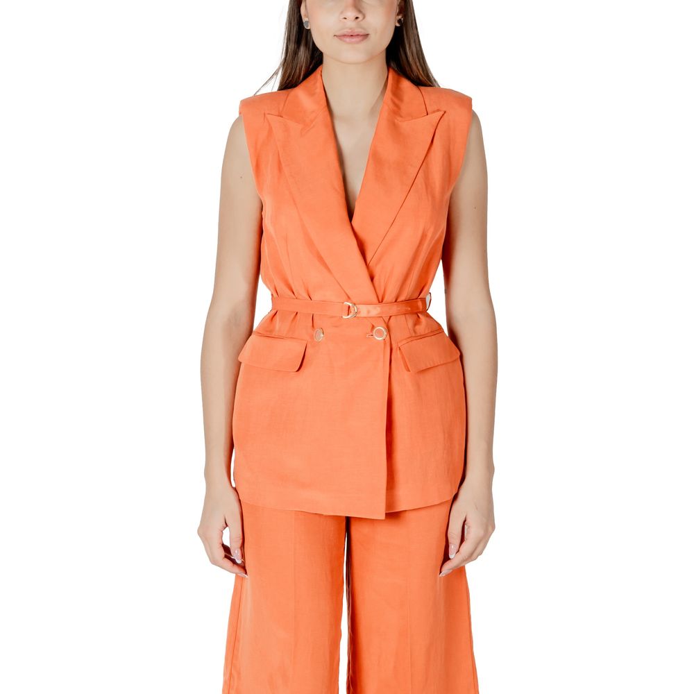 Woman wearing Liu Jo Orange Lyocell Waistcoat with belt and double-breasted closure, showcasing elegant and modern design.
