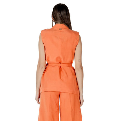 Back view of a Liu Jo Orange Lyocell Waistcoat with a waist belt enhancing the silhouette, ideal for formal occasions.
