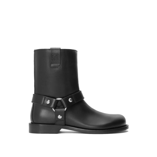 Loewe Black Calfskin Ankle Boots with round toe, hardware details, and leather outsole, featuring Goodyear construction. Made in Italy.