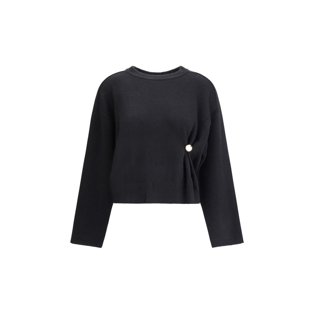 Loulou De Saison Black Wool Sweatshirt with gold detail, elegant crew neck, and draped effect, 100% wool AW25 woman fashion.