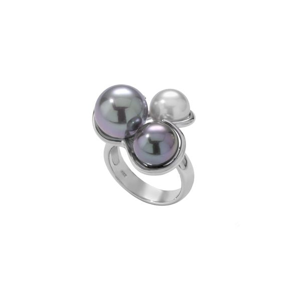 MAJORICA JEWELRY Mod. 12198.18.2.913.010.1 elegant ring with three pearls, two purple and one white, in a unique design.