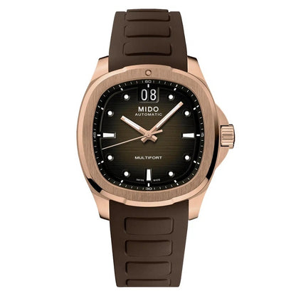 MIDO MOD. M049-526-37-291-00 elegant automatic watch with brown strap and rose gold case.
