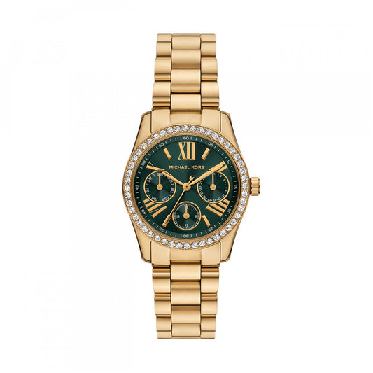 Gold watch featuring a green dial and crystal accents, MICHAEL KORS Mod. LEXINGTON, luxury timepiece with classic design.