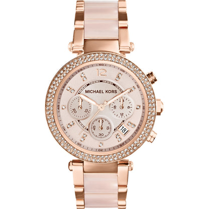 Luxury rose gold MICHAEL KORS Mod. PARKER women's watch with crystal embellishments and chronograph dials.