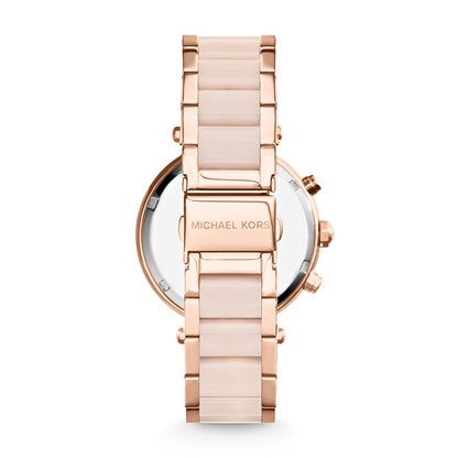 Back view of MICHAEL KORS Mod. PARKER watch with rose gold bracelet