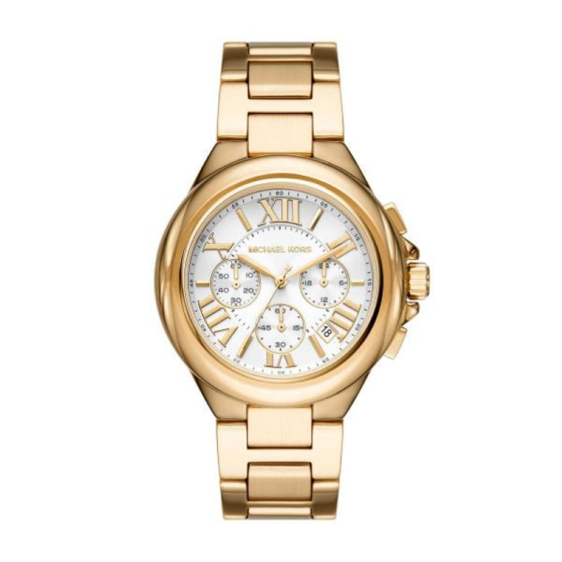MICHAEL KORS Mod. CAMILLE ladies wristwatch with gold SS IP case and strap, 43mm, quartz movement, chronograph, in official packaging.