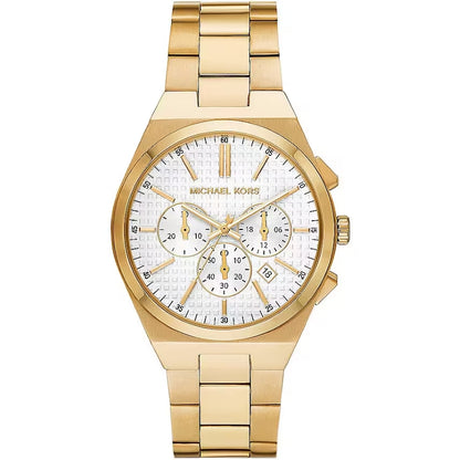 Alt Tag: MICHAEL KORS Mod. LENNOX gold wristwatch with chronograph dial and date display, 41mm stainless steel IP gold case, in official box.