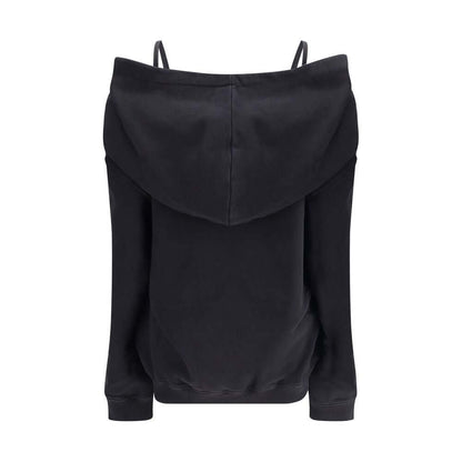 MM6 Black Cotton Sweatshirt with raw-cut hem and distinctive white stitching on back, minimalist design, 100% cotton