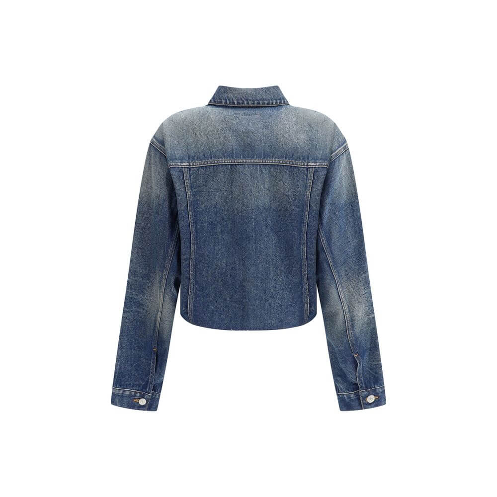 Back view of MM6 Blue Cotton Denim Jacket with raw-cut hem and distinct design.