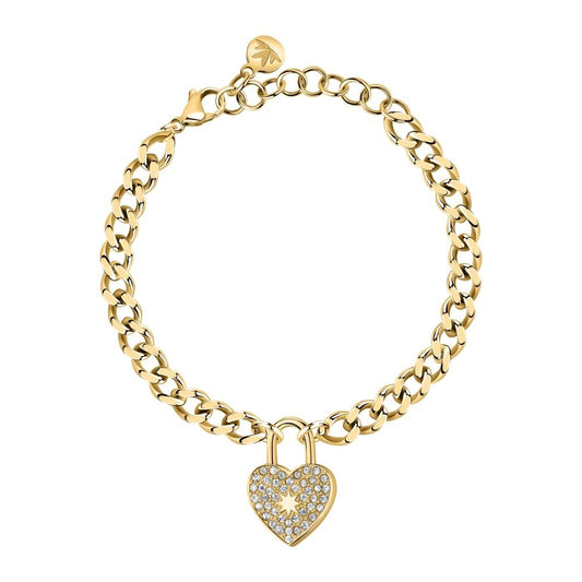 Gold chain bracelet with heart lock charm for women.