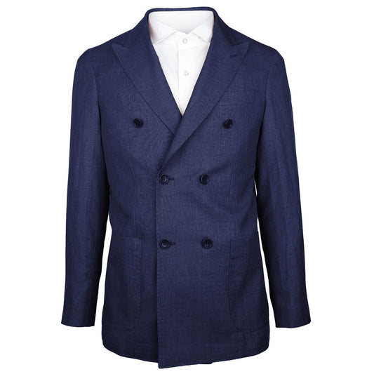 Made in Italy Blue Linen Blazer with Loro Piana fabric, navy blue double-breasted jacket with peaked lapels and front pockets.