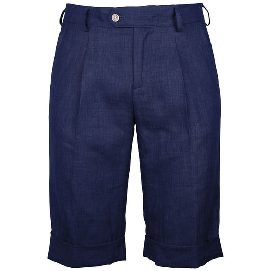 Made in Italy Blue Linen Short with wool blend, navy color, featuring darts, 4 pockets, button and zip fastening by Loro Piana.
