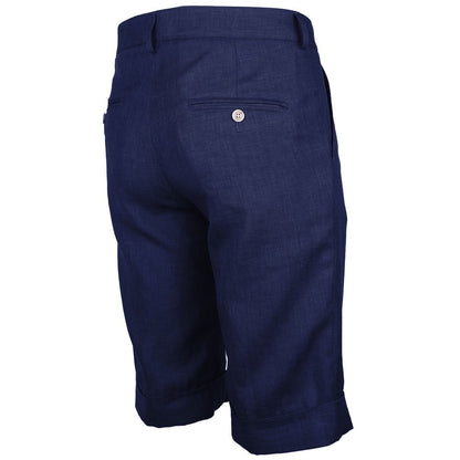 Made in Italy Blue Linen Short with navy wool blend, button, zip fastening, 4 pockets, and darts. Back view showcasing classic design.
