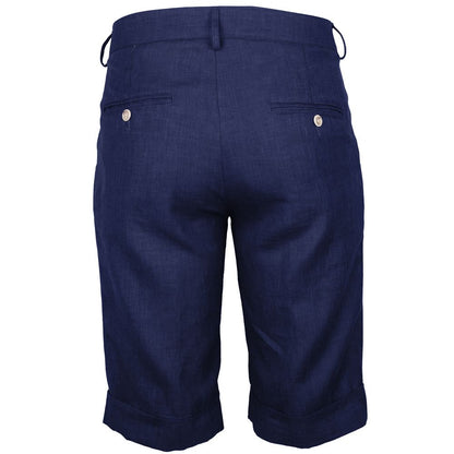 Made in Italy Blue Linen Short with navy blue wool blend, button, zip fastening, and 4-pocket design, rear view showcasing linen texture.