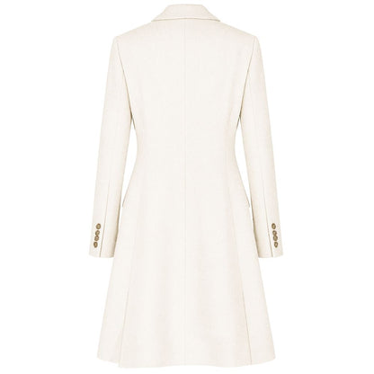 Back view of Made in Italy White Wool Women Coat with gold buttons and peak lapels in luxurious Loro Piana virgin wool fabric.