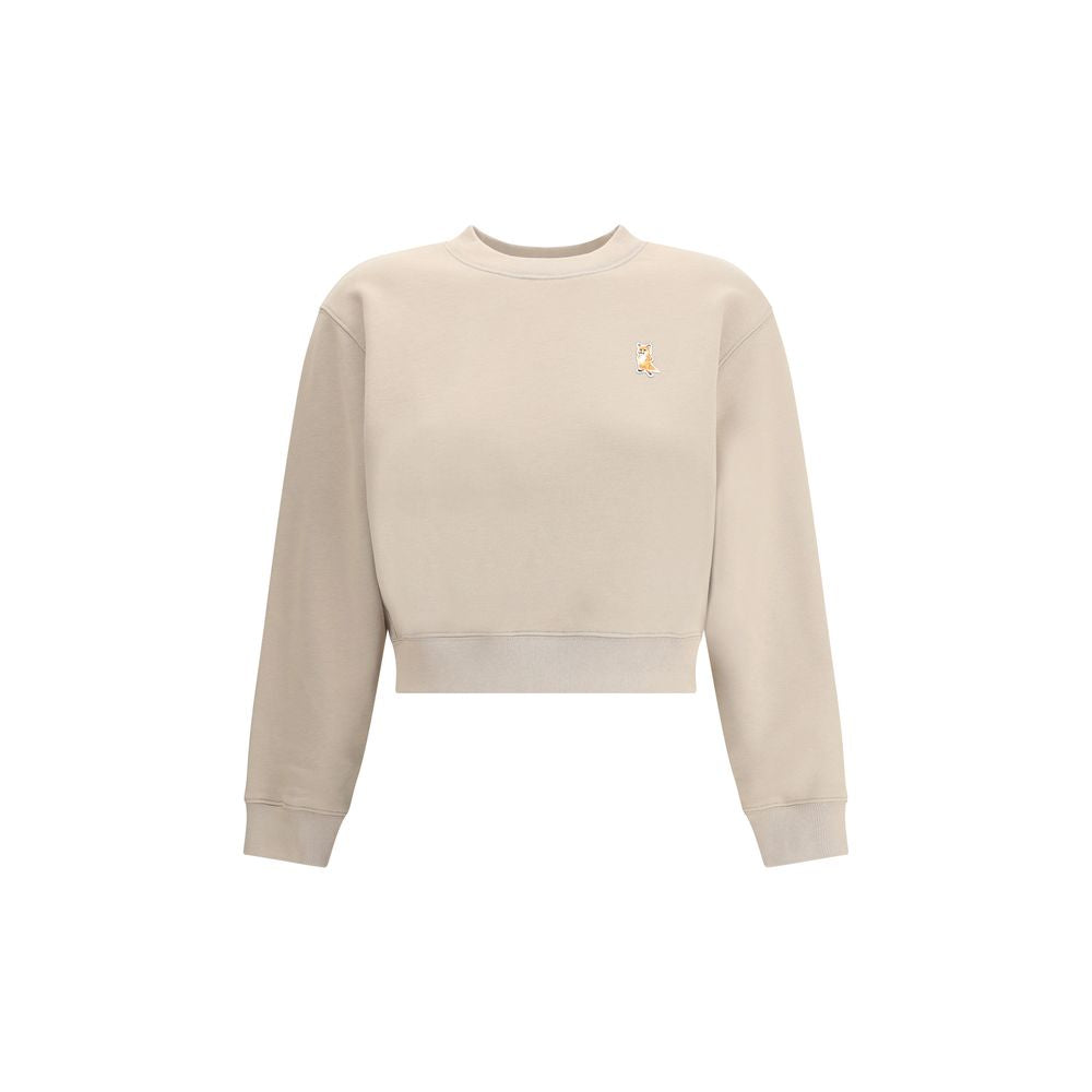 Maison Kitsuné Beige Cotton Sweatshirt with embroidered fox patch, ribbed crew neck, hem, and cuffs, AW25 collection