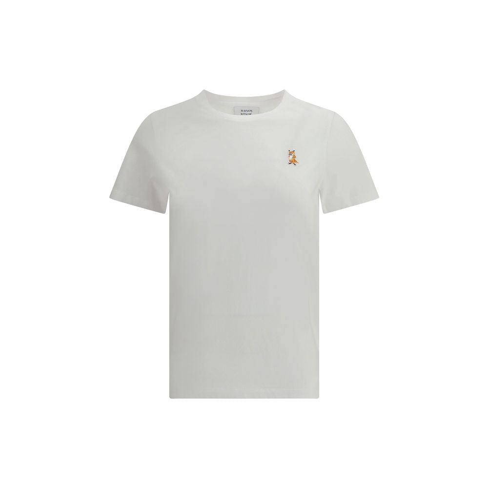 Maison Kitsuné White Cotton T-Shirt with embroidered fox patch, ribbed crew neck, and casual yet polished design for AW25 season.