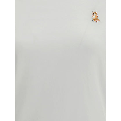 Maison Kitsuné White Cotton T-Shirt with embroidered fox patch and ribbed crew neck, showcasing casual yet polished style for AW25.