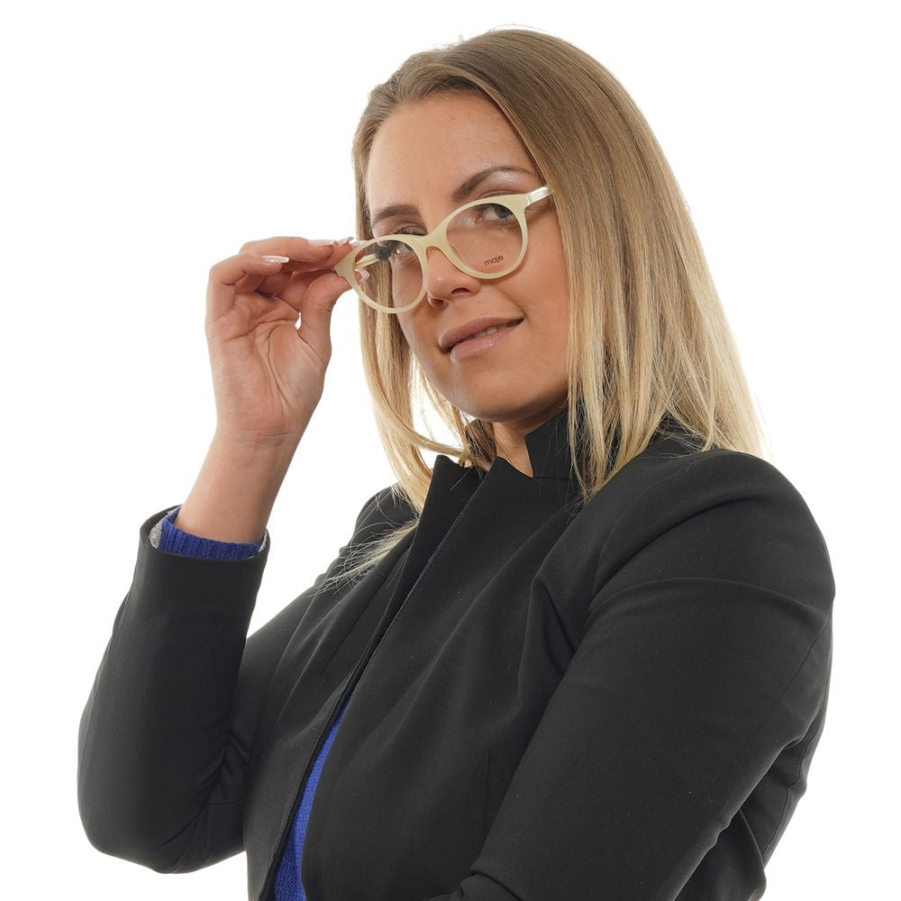 Woman wearing Maje White Women Glasses Frame in acetate, full-rim, round style with demo lenses and a 49mm lens width, posing elegantly.