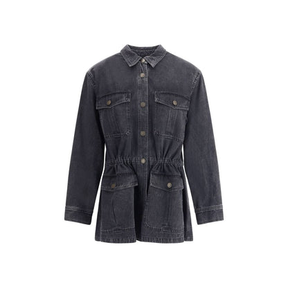 Marant Etoile Gray Cotton Denim Jacket with traditional collar, four patch pockets, and elasticated waistband for a stylish, casual look.