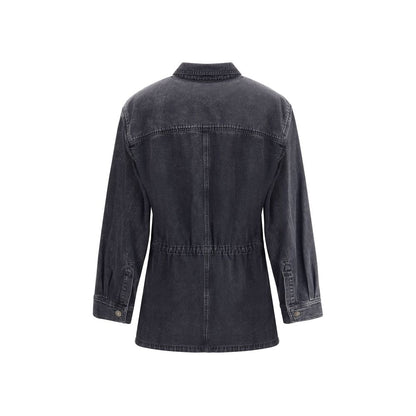 Back view of Marant Etoile Gray Cotton Denim Jacket with traditional collar and elasticated waistband, featuring a classic design for AW25.