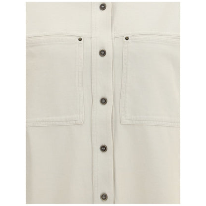 Close-up of Marant Etoile White Cotton Dress Shirt with front patch pockets and button closure, showcasing casual chic design, AW25.