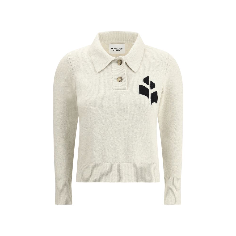 Marant Etoile White Cotton Sweatshirt with logo, button-front closure, ribbed cuffs, and collar, featuring a melange pattern, AW25.