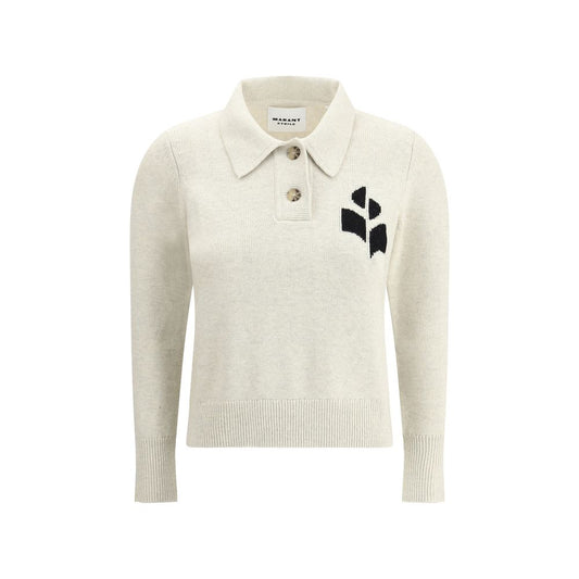 Marant Etoile White Cotton Sweatshirt with logo, button-front, and ribbed cuffs, featuring classic collar and mélange pattern (AW25, Cotton-Wool)