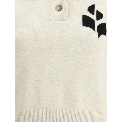 Marant Etoile White Cotton Sweatshirt with classic collar, button-front, ribbed cuffs, hem, and iconic logo, AW25 collection.