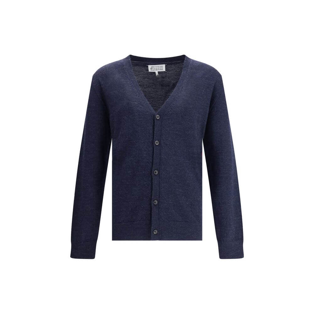 Margiela Blue Wool Cardigan with V-neck and button closure, featuring ribbed trim and elbow patches for timeless style.