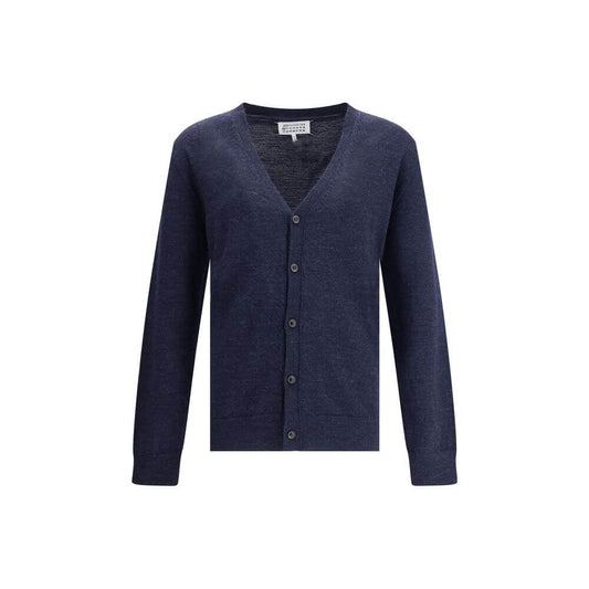Margiela Blue Wool Cardigan with V-neck and button closure, featuring ribbed trim and elbow patches for timeless style.